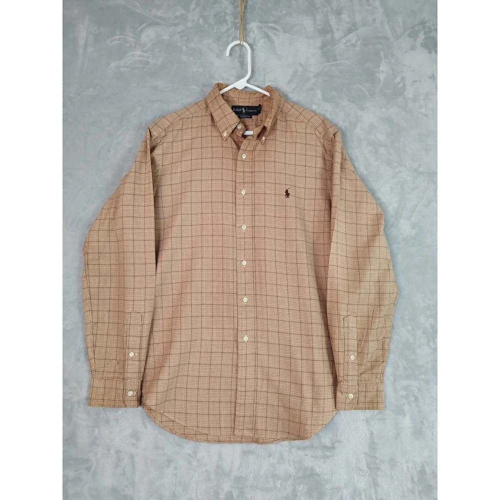 Polo‎ Ralph Lauren Classic Fit Glen Plaid Button Down Shirt Mens Large Tan Brown